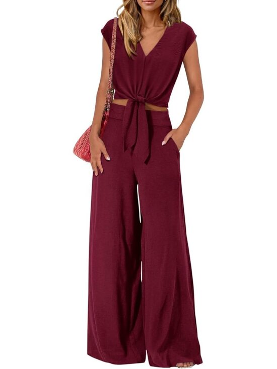 Pants - Women's Wine Red  Summer 2 Piece Outfits Cap Sleeve V Neck Belted Crop Tops